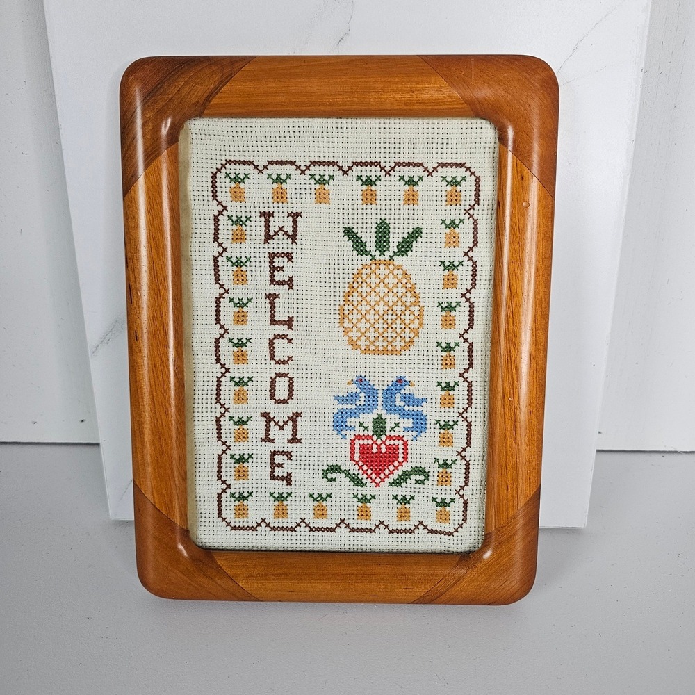 Vintage Cross Stitch Welcome Pineapple‎ Birds Heart Framed Wall Art Wood Frame
